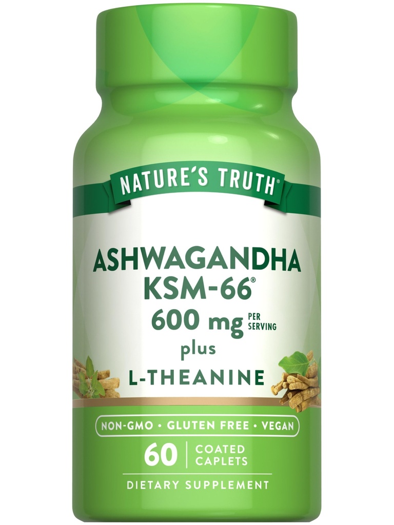 Alam Kebenaran KSM-66 Ashwagandha 124; 60 Caplet 124; dengan L-Theanine 124; Vegan, Non-GMO, & Gluten Free Suplemen