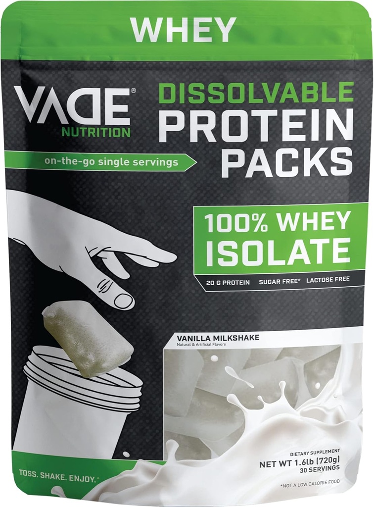 VADE Nutrection Dissolable Protein Packs - 100% Whey Isolate Protein Powder Vanilla Milkshake - Low Carb, Low Calorie, Laktosa Free, Sugar Free, Fat Free, Gluten Free - 30 Paket untuk Pergi