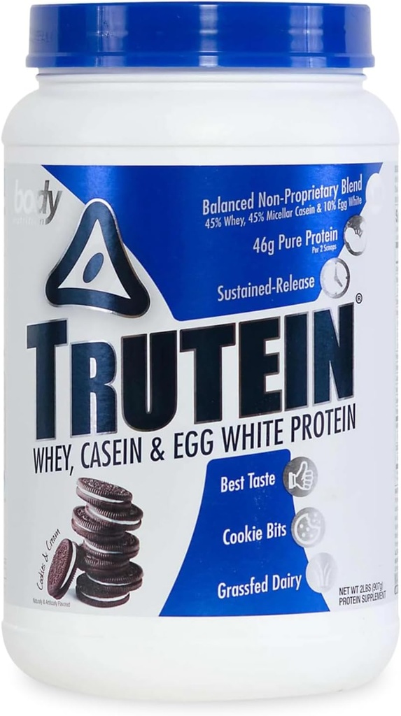 Body Nutrition High Protein Powder: 45% Whey, 45% Casein, 10% Egg White Protein Shake Mix, Sodium rendah, Poduk Tambahan Karb Rendah untuk Pria & Perempuan, Cookies & Cream, 2lb