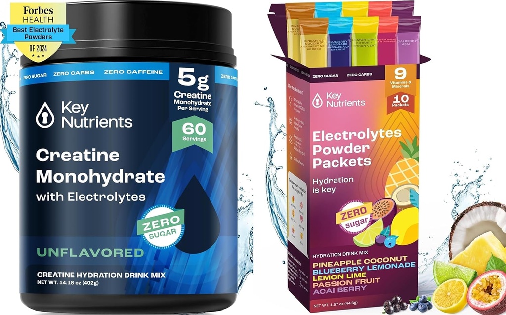 KUNCI NUTRIENTS Creatine Monohydrate & Hidration Packets Bundle - Unflattes Micronized Creaktine Creatine Poader (60 Servings) + Electrolite Powder Pacquents (10) - Kekuatan Boost, Hydration & Pemulihan
