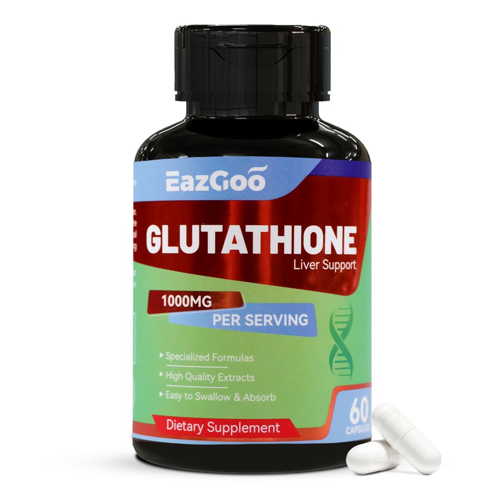 Glutathione Supplemen 1000mg Antioksidant - Premium Vegan Formula Ammune Dukungan, Skin Brightening & Liver Detox - Allergen- Free, Non- GMO, Efektif Wellness Boost (60 Capsules)