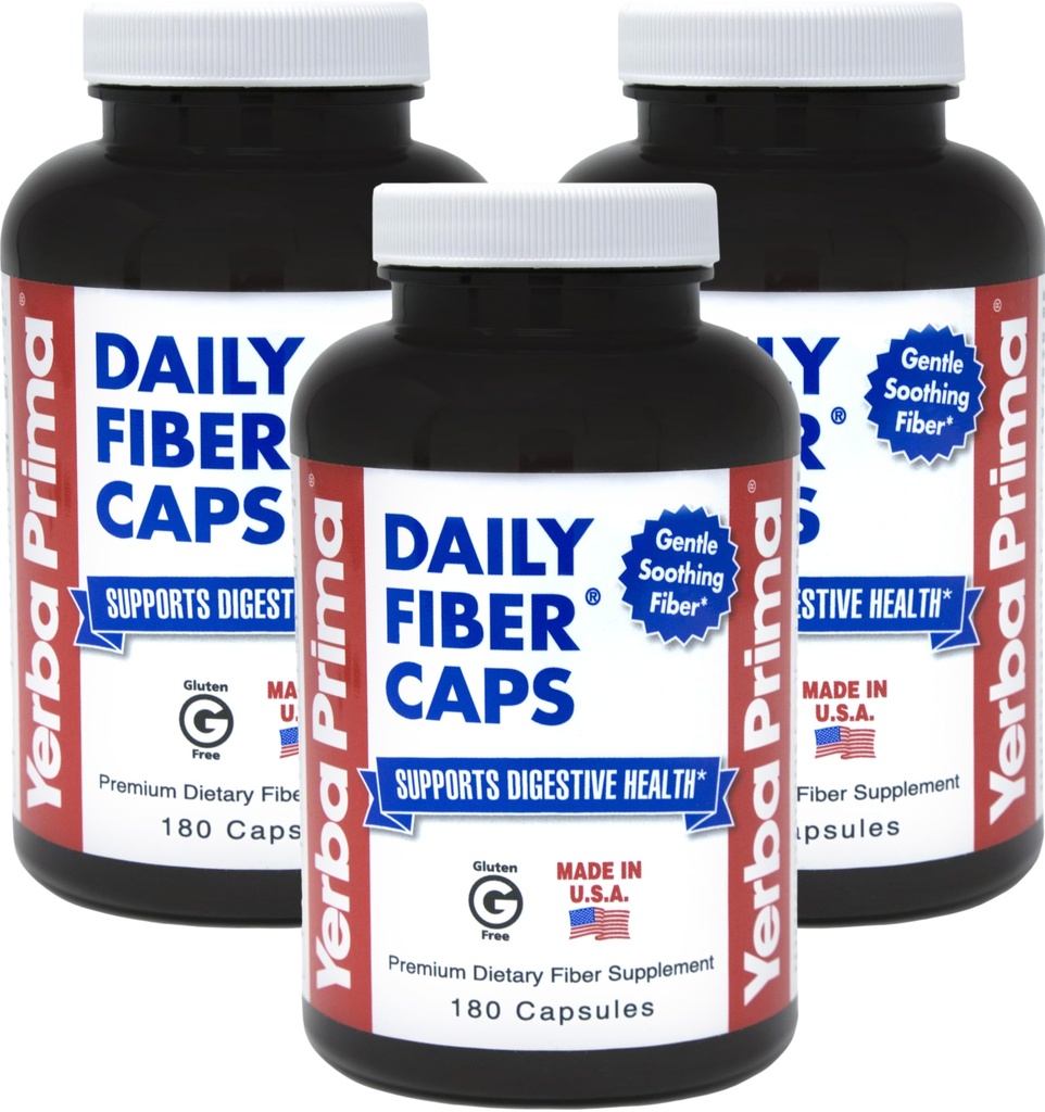 Yerba Prima Daily Fiber Kapsules, 180 Caps (Paket 3) - Suplemen Dietary Fiber Soluble - Colon Cleanse - Gut Health - Pelepasan Konstigasi, Vegan, Non-GMO, Gluten- Bebas