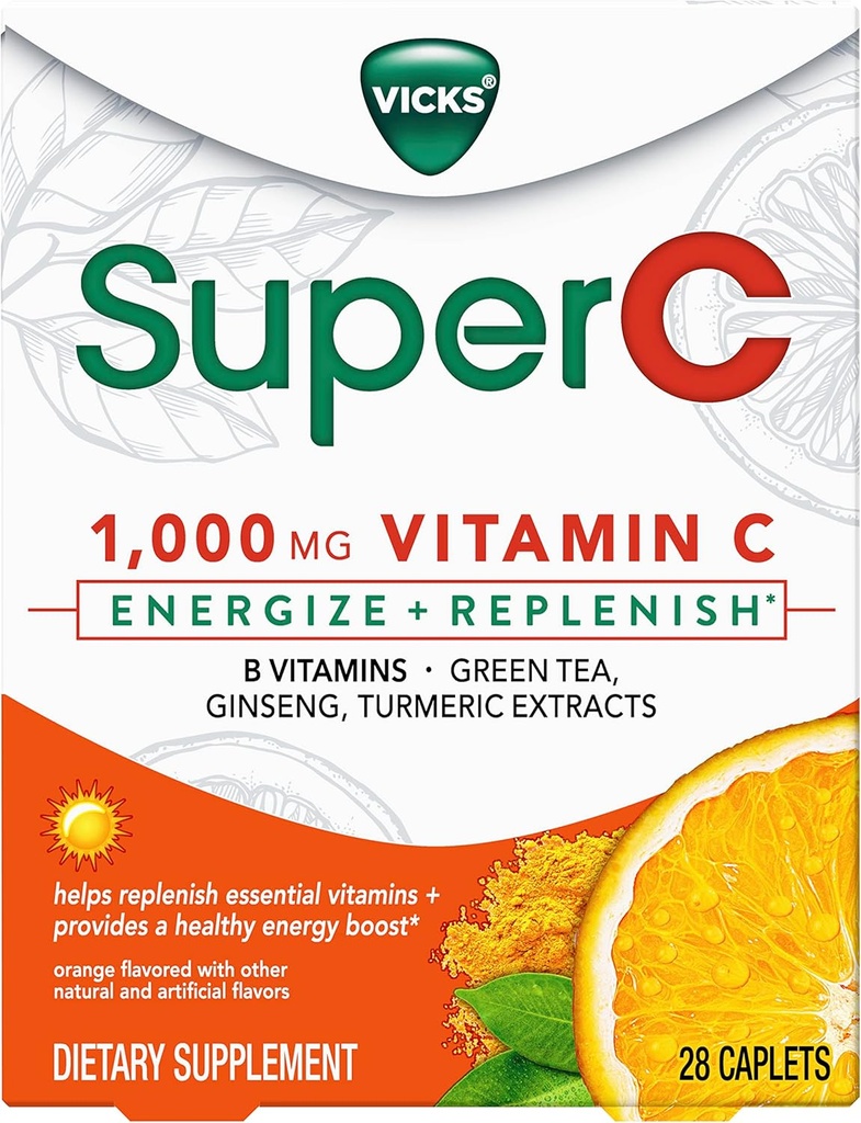 Vicks Super C Energize + Replenish Daytime Dietary Suplemen dengan Vitamin C, B Vitamin, Green Tea, Ginseng, dan Turmeric Ekstraksi untuk membantu mengisi vitamin penting *, 28 Caplets