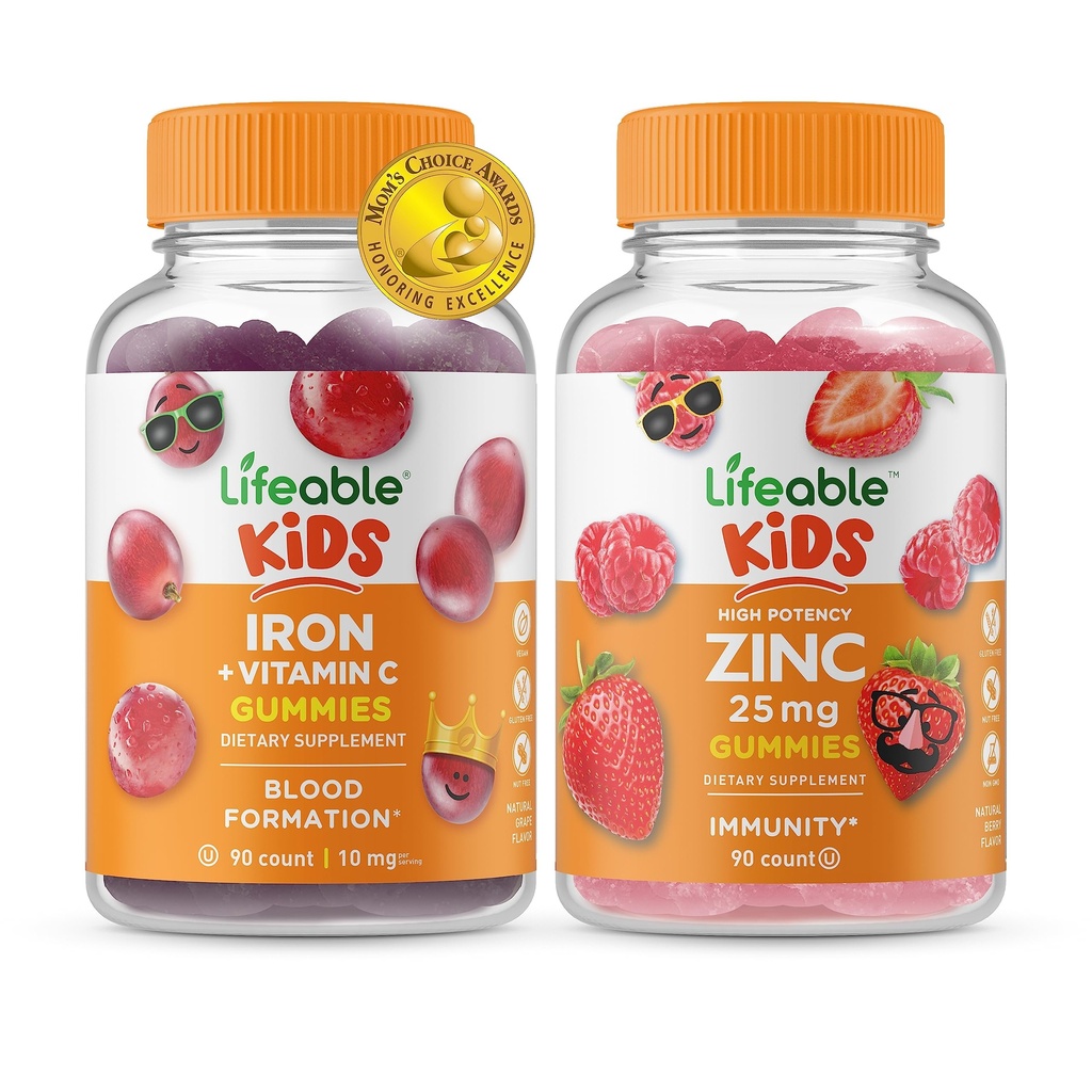 Lifeable Iron & Vitamin C Kids + Zinc 25mg Kids, Gummies Bundle - Great Tasting, Vitamin Suplemen, Gluten Bebas, GMO Bebas, Gummy Chewable