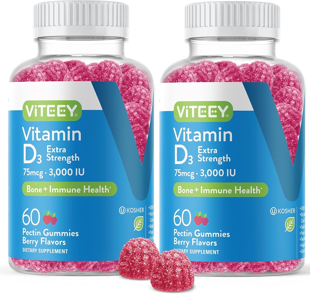 Vitamin D3 Gummies for Dewata & Teens - 3.000 IU, 75mcg, Ekstra Kekuatan - Gabungan & Muscle Health, Ammune Boost - Chewable Vitamin D Gummies - Vegetarian, Gelatin Free - Tasty Berry Flavored Gummy
