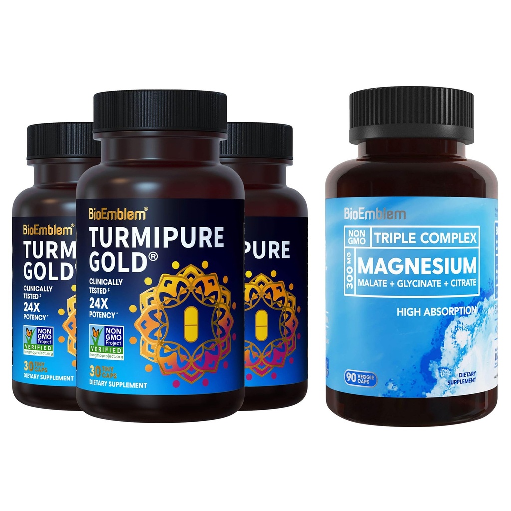 BioEmblem Triple Magnesium Kompleks dan BioEmblem Turmeric Curcumin dengan Clinically Studied TurmiPure - Dukungan Bersama, Inflammation Kesehatan Turmeric Suplemen
