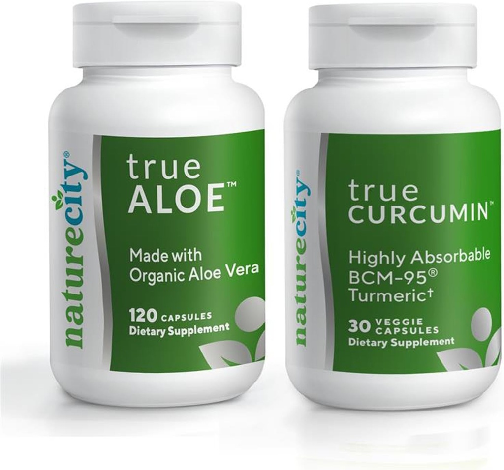 NatureCity Joint Dukung Bundle 124; True- Aloe Dibuat dengan Organic AloeVera, 120 Capsules + True- Curcumin dengan 500mg dari Absorbable BCM-95 Curcumin + Turmeric Essules Oil, 30 Capsules