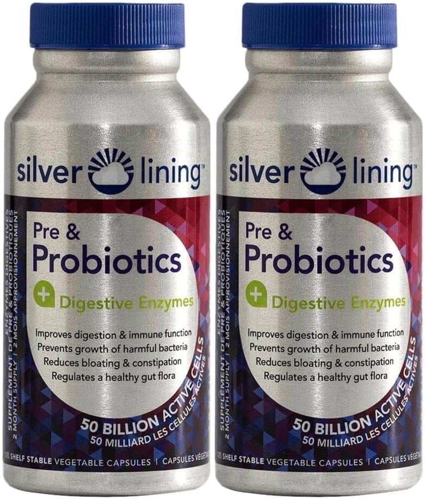 Silver Lining Pre & Progories + Digetical Enzymes: 124; 50 Milyar CFU / Active Cells 12.4; Digetical & Imune Fungsi Dukungan, Reduces Bloating 124; Shelable Formula-la 124la (Pack of 2)