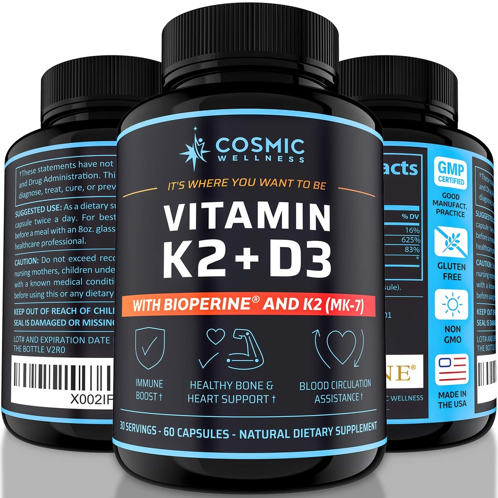 K2 D3 Tambahan Vitamin 5000 Iu - untuk Healthier Bones, Blood, Heart, dan Better Immunity - Enhanced Calcium Absorpsi dengan Bioperin - 100% Natural dan Allergen- Free - Vitamin D3 Mk7 5000