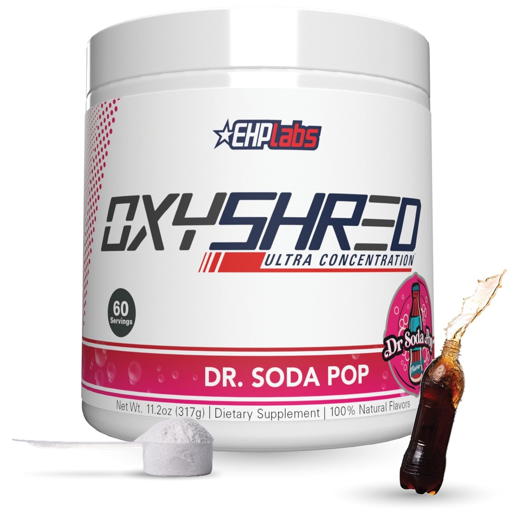 EHP Labs OxyShred Thermogenic Fat Burner - Pre-Workout Powder dengan L- Glutamine, Acetyl L- Carnitine, Metabolisme Booster, Weight Loss, Appetite Control, Energy Drink, Dr. Soda Pop, 60 Servings