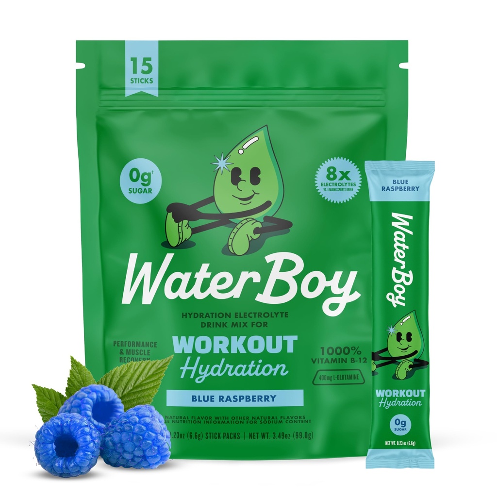 Hidration Waterboy Workout 124; 2.960mg Sugar Free Electrolyte Powrents 134; L-Glutamine + Vitamin 124; No Sugar, All Natural, Gluten Free Sounds 124; 15 Drum Stick Mixes (Blue Raspberry)