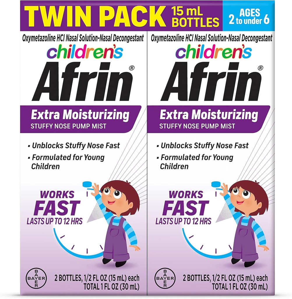 Afrin Children 's Extra Moisturizing Nasal Mist, Non- Drowsy, Fast- Acting Deconengstant untuk sampai 12 Hour Stuffy Nose Relief, Children Ages 2 sampai 6, .5 lf oz (Paket 2)