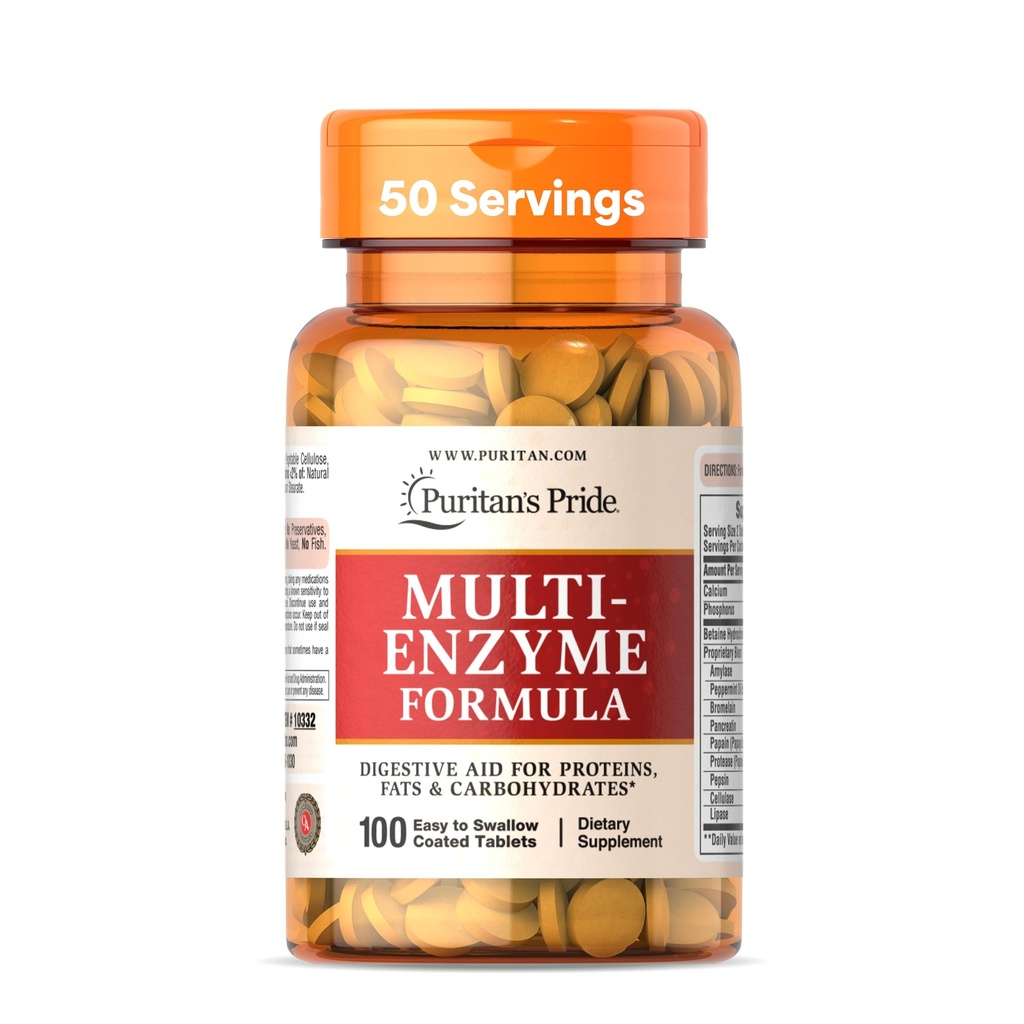 Puritan 's Pride Multility-Enzyme Formula, Digetical Aid for Proteins, Fats, and Carbohydrates, Dieter Support dan Healthy Gut, 50 Day Suply, 100 Easy to Swallow Coated Tablets
