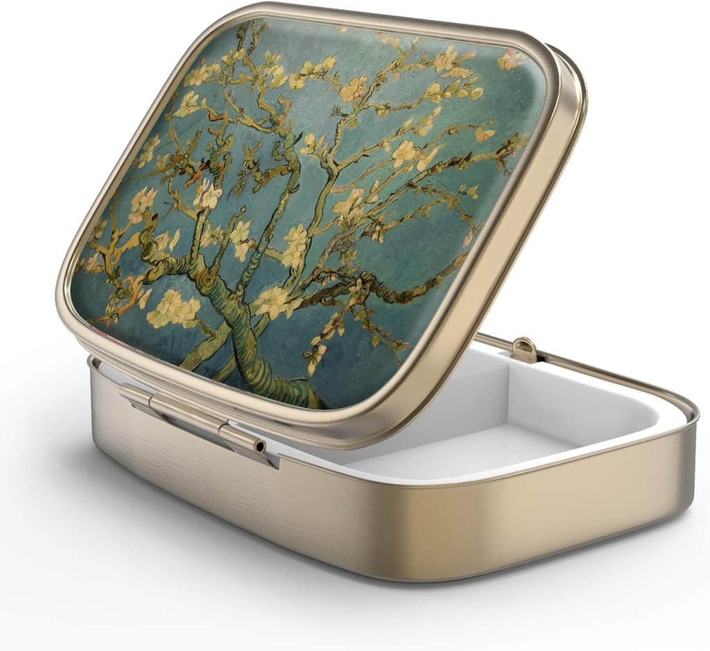 Kotak Pill Case Pil Pill dengan Toko Mirror Retro 2 Kompartemen Kasus Pill Kecil untuk Kotak Pill Purse atau Pocket Bronze Rectangular atau Vitamin, Minyak Ikan, Suplemen, Pill Containe Travel Gift Vangogh Art