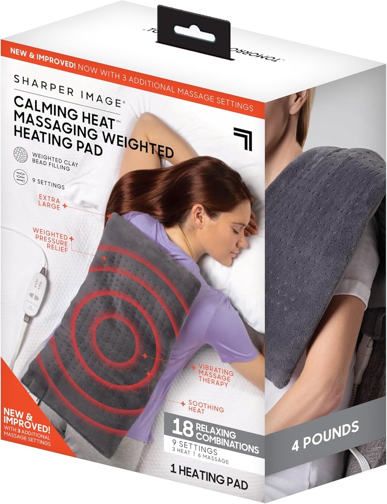 Calming Massaging Panas Weighted Haating Pad oleh Sharper Image- Weighted Electric Heating Pad dengan Massaging Virations, 9 Settles- 3 Heat, 6 Massage- 18 Relaxing Kombinasi, 12 "x 24", 4 Ibs
