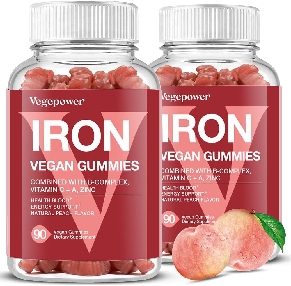 Tambahan Gumi Besi Vegan - Tambahan Multivitamin dengan Vitamin C, A, B & Zinc - Dukungan Darah & Kesehatan & Energi untuk Defisiensi Besi, Anemia, Tidak Setelah Rasa - Peach Flavor Serak Serak Serak