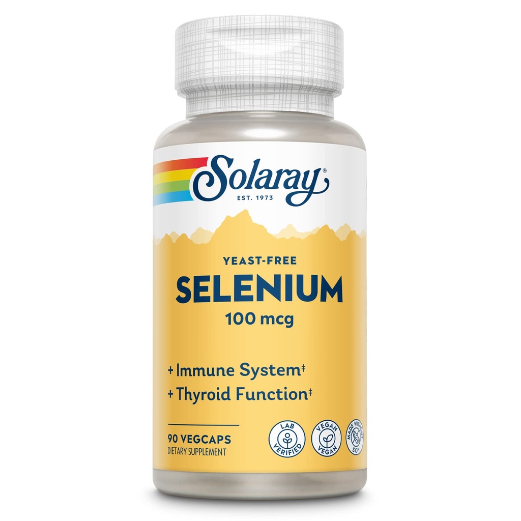 SOLARAY Selenium 100 mcg Tambahan Perempuan & Pria - Selenium 100mcg Capsules, Thyroid & Imune Kesehatan Dukungan, Yeast Free, L Selenomethionine, Antioksidant Dukungan, Vegan 90 Caps