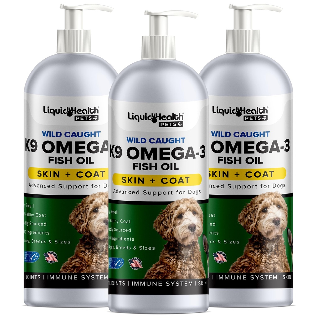 Liquid Health Pets K9 Omega 3 Fish Oil for Dogs - Liquid Omega 3 Suplemen untuk Pets dengan EPA + DPA + DHA - Mengurangi Ginging & Shedding, Dukungan Joints, Kekebasan, Jantung Kesehatan - USA Dibuat (3 Pack)