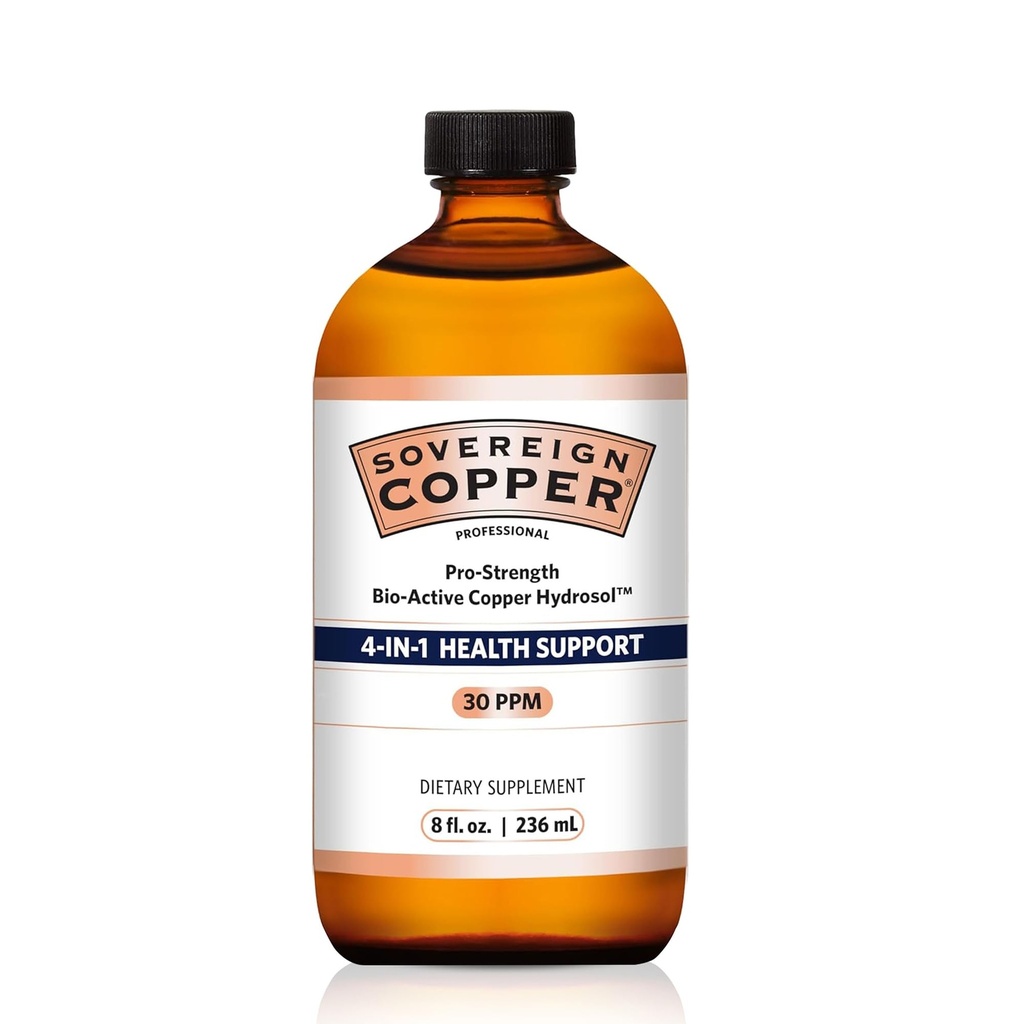Sovereign Pro-strength Bio- Active Copper Hydrosol - Bioavailable Copper Liquid Suplement Supplement Suppplement Supppples untuk Orang dewasa & Anak-Anak w / Silver Hydropol untuk Rambut, Kulit, & Nails, 30plm - 8 fl oz (237mL)