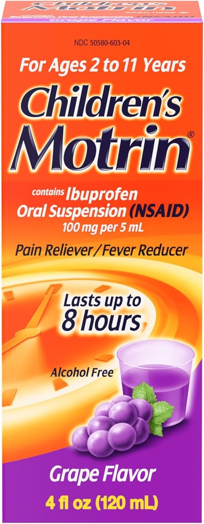 Anak-anak Motrin Oral Suspension, Relief Pain, Ibuprofen, Grape Flavored, 4 Oz