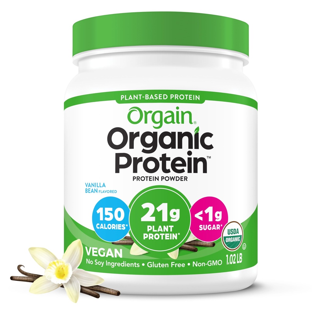 Orgain Vegan Powder, Vanilla Bean - 21g Plant Based Protein, 4g Prebiotic Fiber, No Laktosa Ingredials, No Added Sugar, Non-GMO, For Shakes & Smoothies, 1.02 lb (Packaging May Vary)
