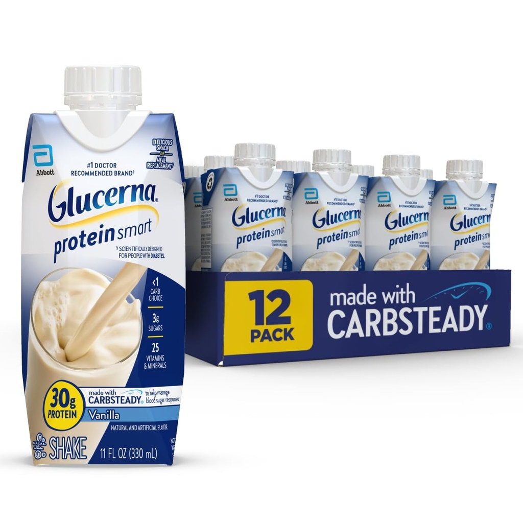 Glucerna Protein Smart Diabetes Care Shake, Vanilla, Dibetic Meal Replacement to Dukung Blood Sugar Management, 30g Protein, 150 Calories, Ready to Drink, 11-Oz Bottle, 12 Pack