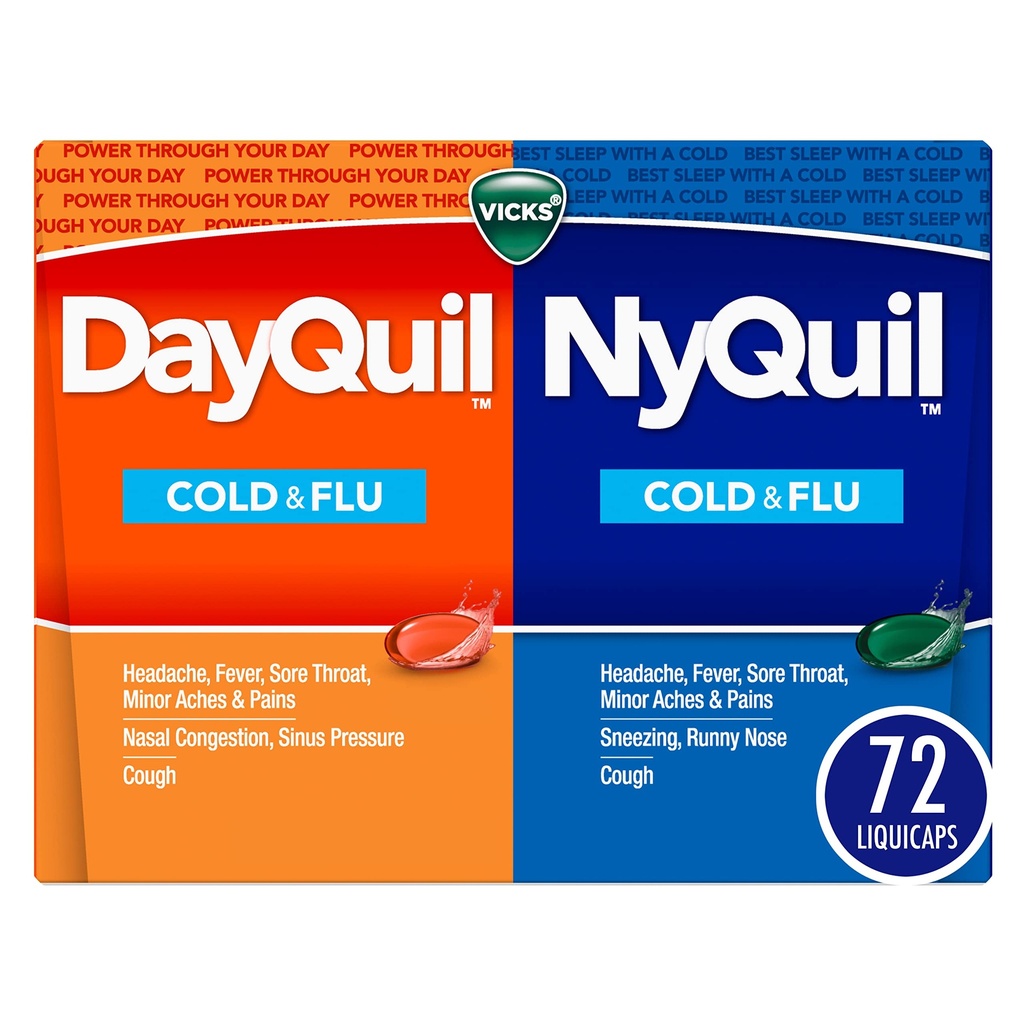 Vicks DayQuil & NyQuil Co-Pack, Cold & Flu Medicine, Powerful Multi- Symptom Daytime Relief for Headache, Fever, Sore Throat, Minor Aches & Pains, & Cuugh, 72ct