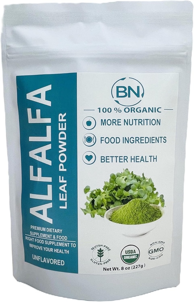 Alfalfa Leaf Powder - Green Superfood Suplemen untuk Minuman, Tea, Shakes, Vegan, Gluten Free, Non GMO, Kosher