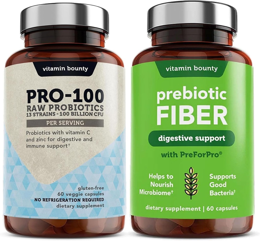 Vitamin Bounty Pro-100 Problem & Prebiotic Fiber Bundle: Dukungan Kesehatan Ultimate Gut dengan 13 Strains, 100 Milyar CFUs, Zinc & Vitamin C, Katup Rilis - 90 Kapsul