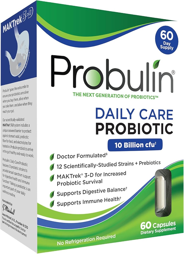 Probulin Daily Care Probiotic Suplement, Digetra, Gut, dan Ammune Health Support Capsules for Men and Women, 10 Milyar CFU, Vegan, 60 Count Box