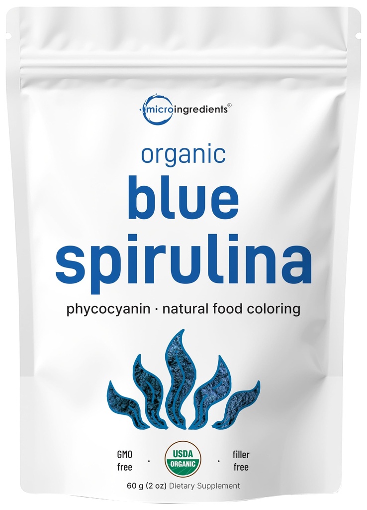 Powder Blue Spirulina (Ekstraksi Phycocyanin), 60 Pelayan - Tidak Ada Bau Ikan Ikan, 100% Protein Vegan dari Alga Hijau Hijau, Phycocyanin Makanan Warna untuk Smoothies, Baking, Minuman & Memasak