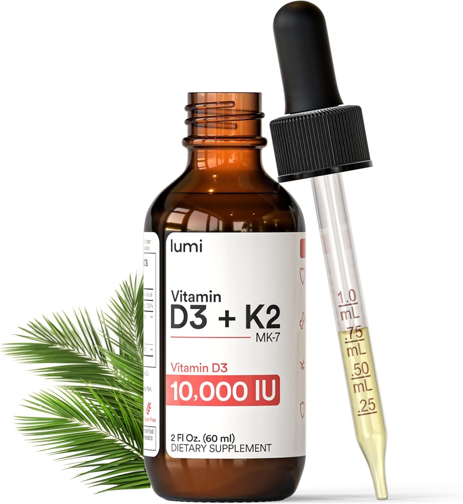 lumi Vitamin D3 K2 MK7 w Palm MCT Oil - 10000 IU D3, 200 mcg K2 MK7-60ml Lipocation Abligration Drops - Non- GMO, Vegan, Unflashored - 2 Fl Oz