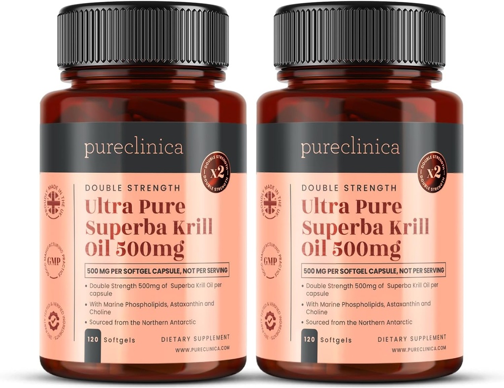 Ultra Pure Krill Oil 500mg x 240 Capsules (2 Botol) - Sourced in The Unposed Waters of Antartika Menyediakan Suppply Kaya Astaxanthin, Omega 3, dan Vitamin D