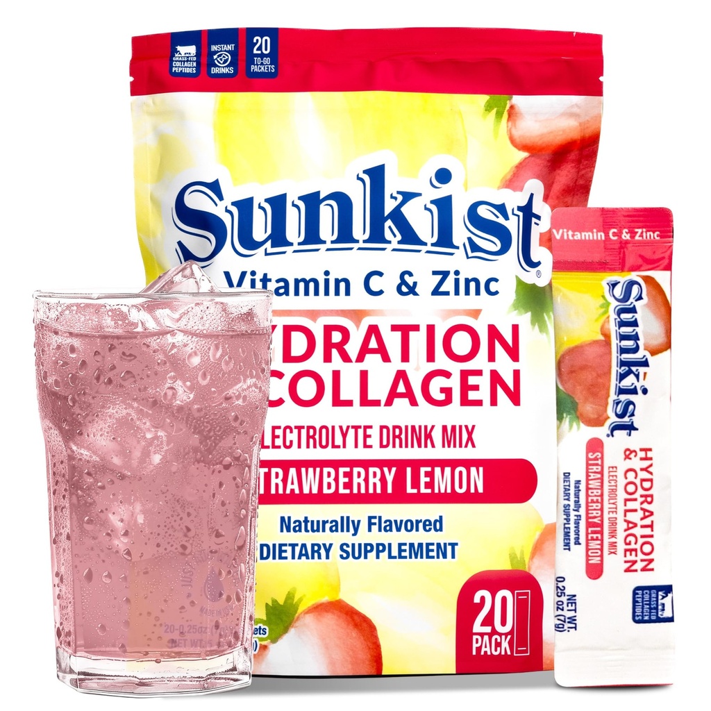 The Frozen Bean Sunkist Collagen Drink Mix - Hidration Strawberry Lemon Electrolite Drink for Women with Vitamin C, Zinc, Collagen Peptides, Alamly Flavored - 20 Pack