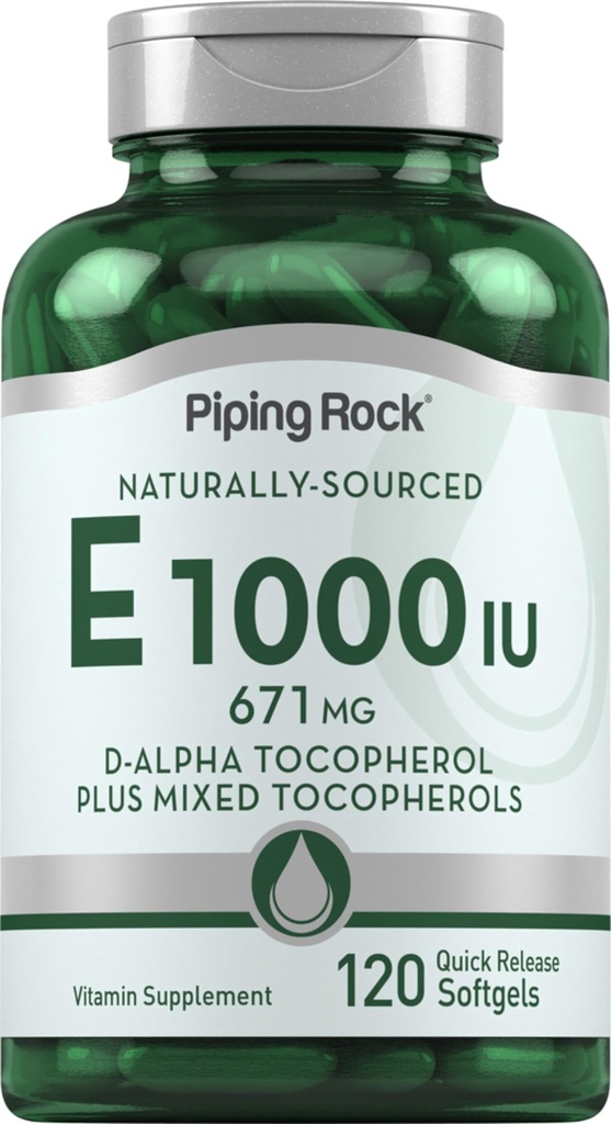Piping Rock Vitamin E 1000 IU Softgeels 124; 120 Count 124; dengan D-Alpha dan Mixed Toctopherols 124; Gluten Bebas, Non-GMO Suplemen