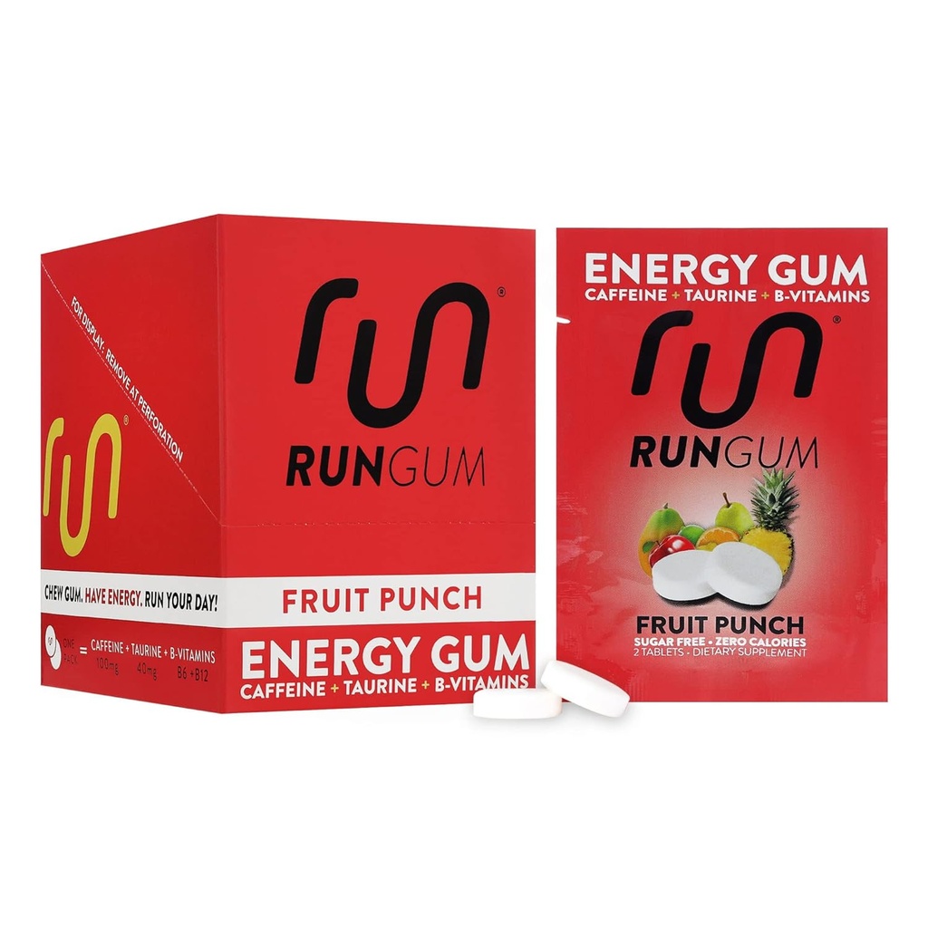 RUN GUM Fruit Punch Energy Chewing Gum 50mg Caffeine Taurine & B-Vitamin Per Piece, 24 Pieces (Paket 12) Sugar Free, Zero Calorie, No Aspartame, dan Gluten Free, 1 ea