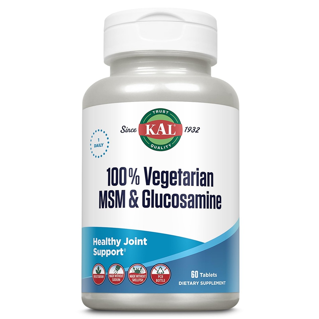 KAL 100% MSM Vegetarian & Glucosamin - Dukungan Bersama Sehat - Glukoshamine dan MSM Suplemen - Dibuat Tanpa Shellfish - Lab Diverifikasi - Jaminan 60 Hari - 60 Pelayan, 60 tablet