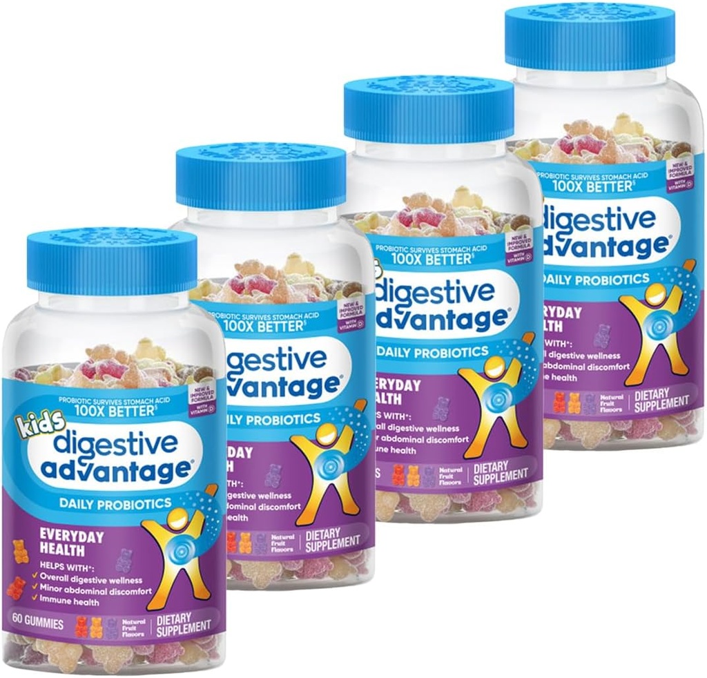 Anak-anak Digetical Advices Natural Fruit Flavors Probiotic Gummies untuk Anak-anak Occassional Bloating, Minor Abdominal Discomfort & Gut Health, 60 Count Gummies (4 Pack)