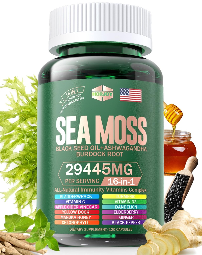 Sea Moss 12000mg Black Seed Oil 6000mg Ashwagandha 3000mg Turmeric 1000mg Bladdercrack 2000mg Burdock 3000mg & Vitamin C & D3 dengan Elderberry Manuka Dandelion Yellow Iodine Chlorophill ACV