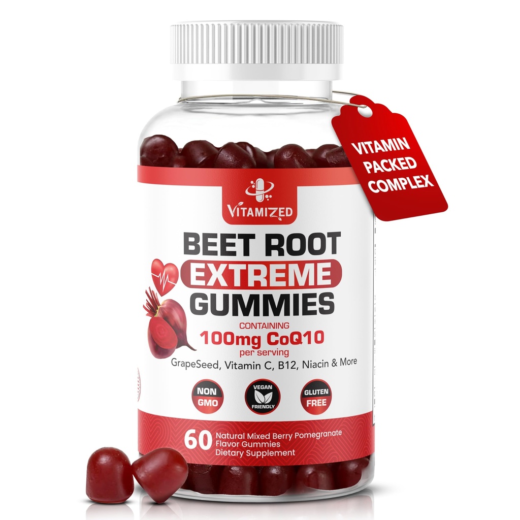 Ekstrim Beetroot Formula & COQ10 100mg dengan Ekstrak Benih Grape, untuk Energi Sirkulasi & Flow, 1500 mg Beet Root Gummies Ekstrak Gluten Gratis 60