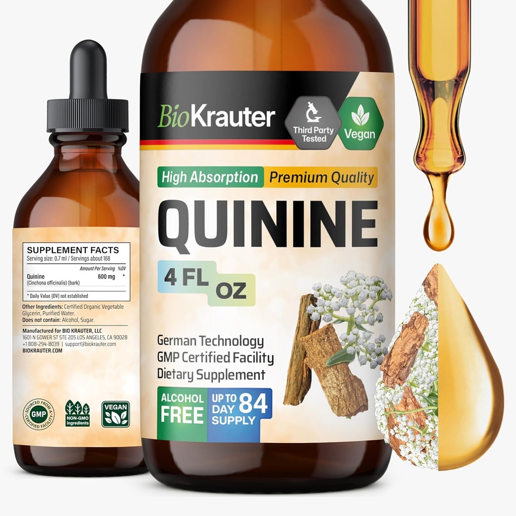 BIO KRAUTER Quinine for Leg Cramps Tincture - Cincona Bark Extract - Vegan Quinine Liquid - Alkohol & Sugar Free Extract 4 Fl.Oz.