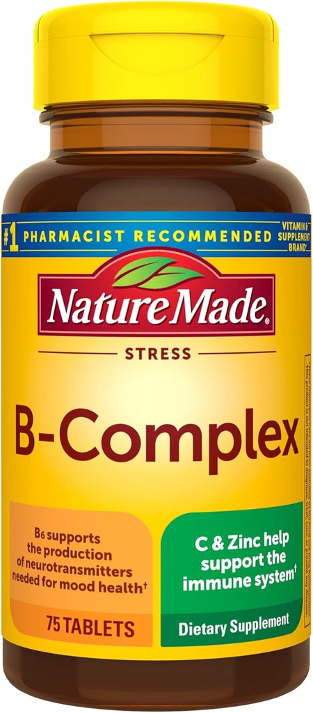 Nature Made Stress B Complex dengan Vitamin C dan Zinc, Dietary Suplemen Dieter untuk Dukungan Imune, 75 Tablet, 75 Hari Suppply