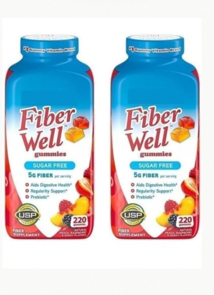 Fiber Well Sugar Free Gummies Suplemen, Peach, Strawberry dan Berry Flavared (2 Botol, Bebas Gula)