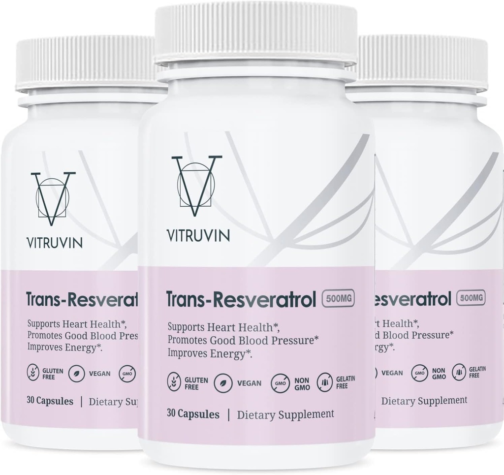 Vitruvin Trans- Resveratrol 500mg, 3 Bottles Pack, Vegan, Non- GMO, Gluten- Free, Gyatin- Free.