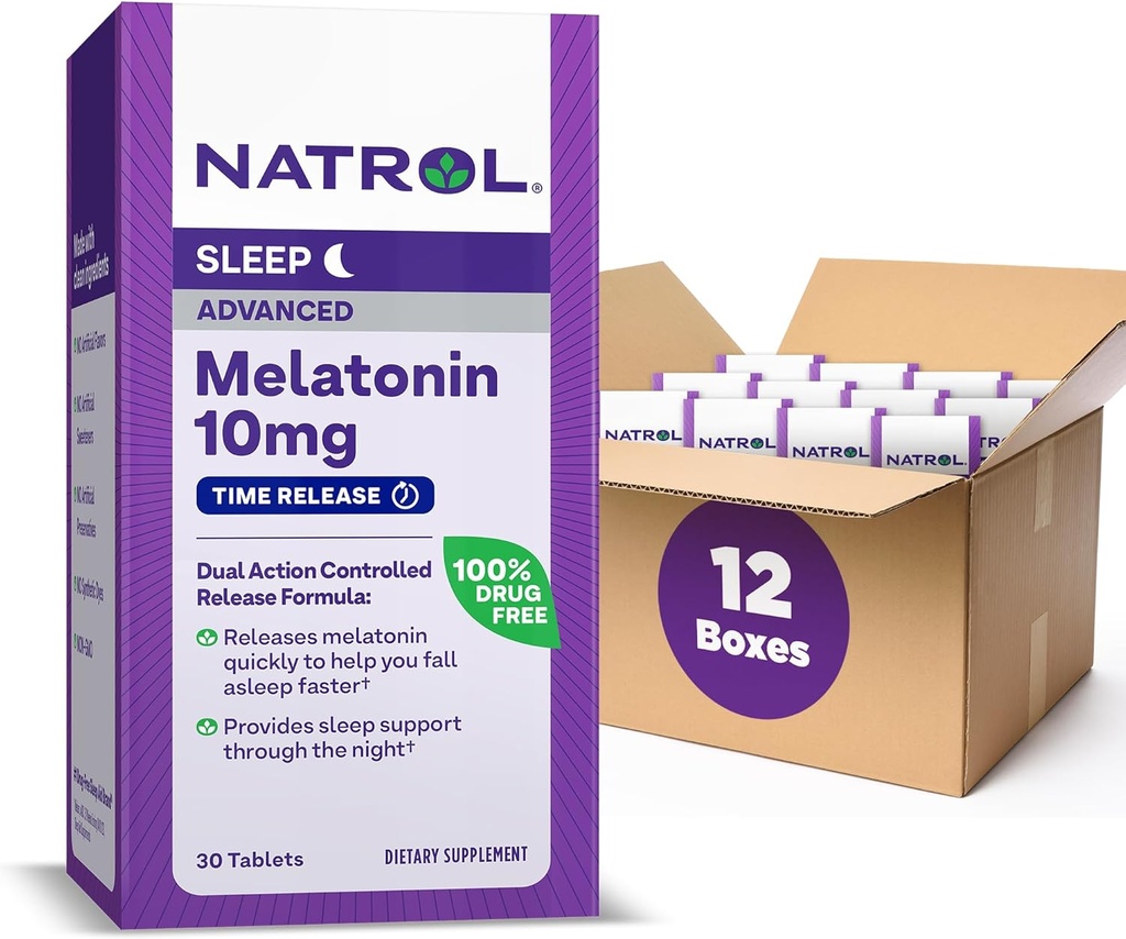 Natrol Advanced Sleep Melonatin 10mg, Dietary Supplement for Restful Sleep, Time Release Melonatin Tablet, 30 Hari Suply (Paket 12)