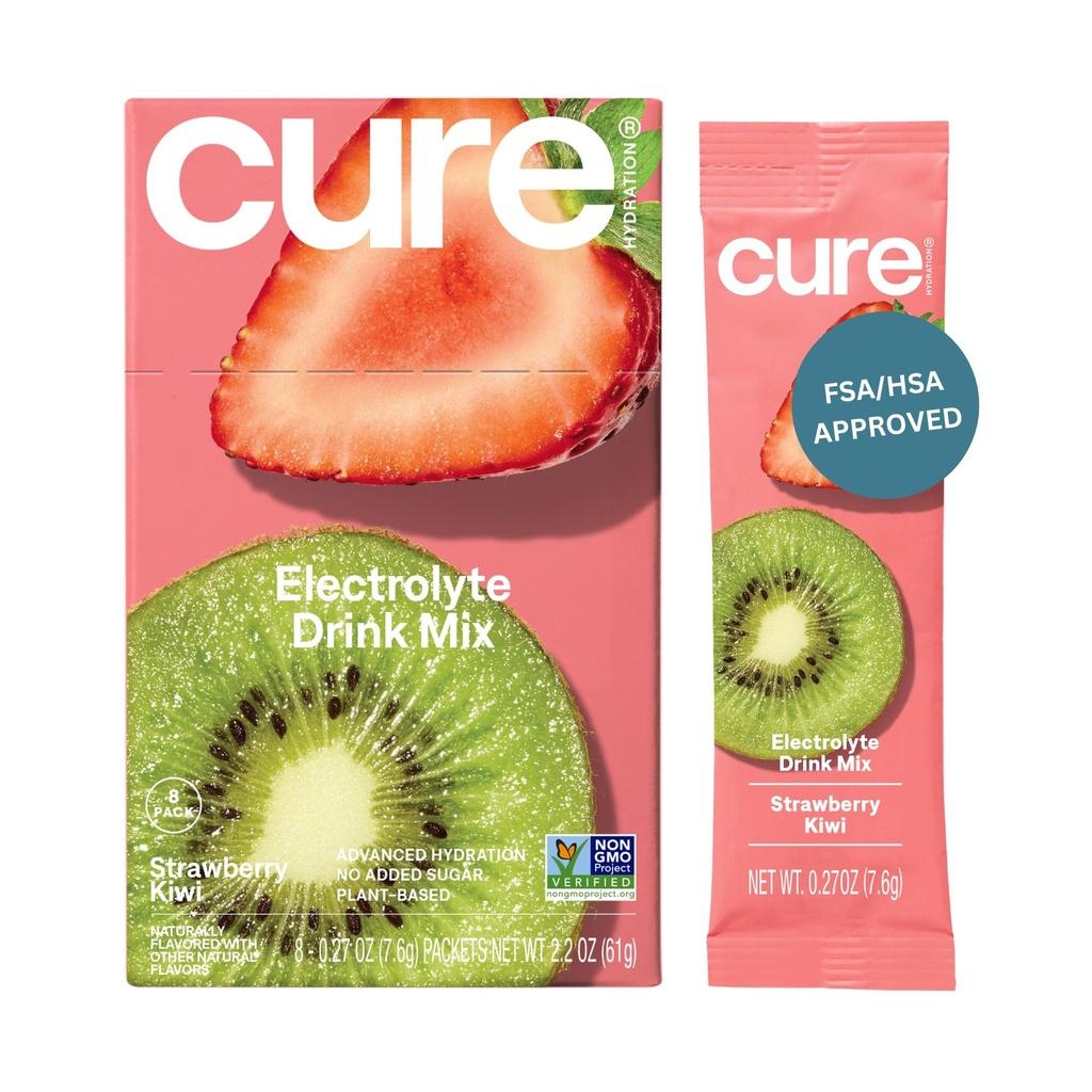 Cure Hidration 14; Plant-Based Electrolyte Drink Mix 124; No Added Sugar 14; Dehydration Relief Pouder Made with Coconut Water 124; Non-GMO 124; Vegan 124; Box of 8 Packets - Strawberry Kiwi