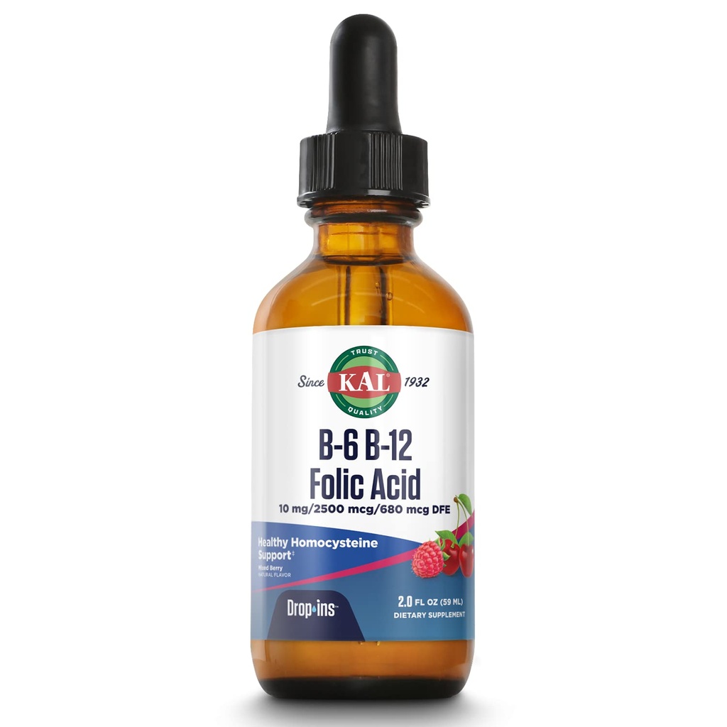 KAL Vitamin B-6 B-12 Acid Folic DropIns, Liquid Vitamin B Suplement Drops, Heart Health, Energy, Red Blood Cell Support with Methyyl B12 and Metil Foxed, Natural Berry Flavor, 59 Servings, 2oz