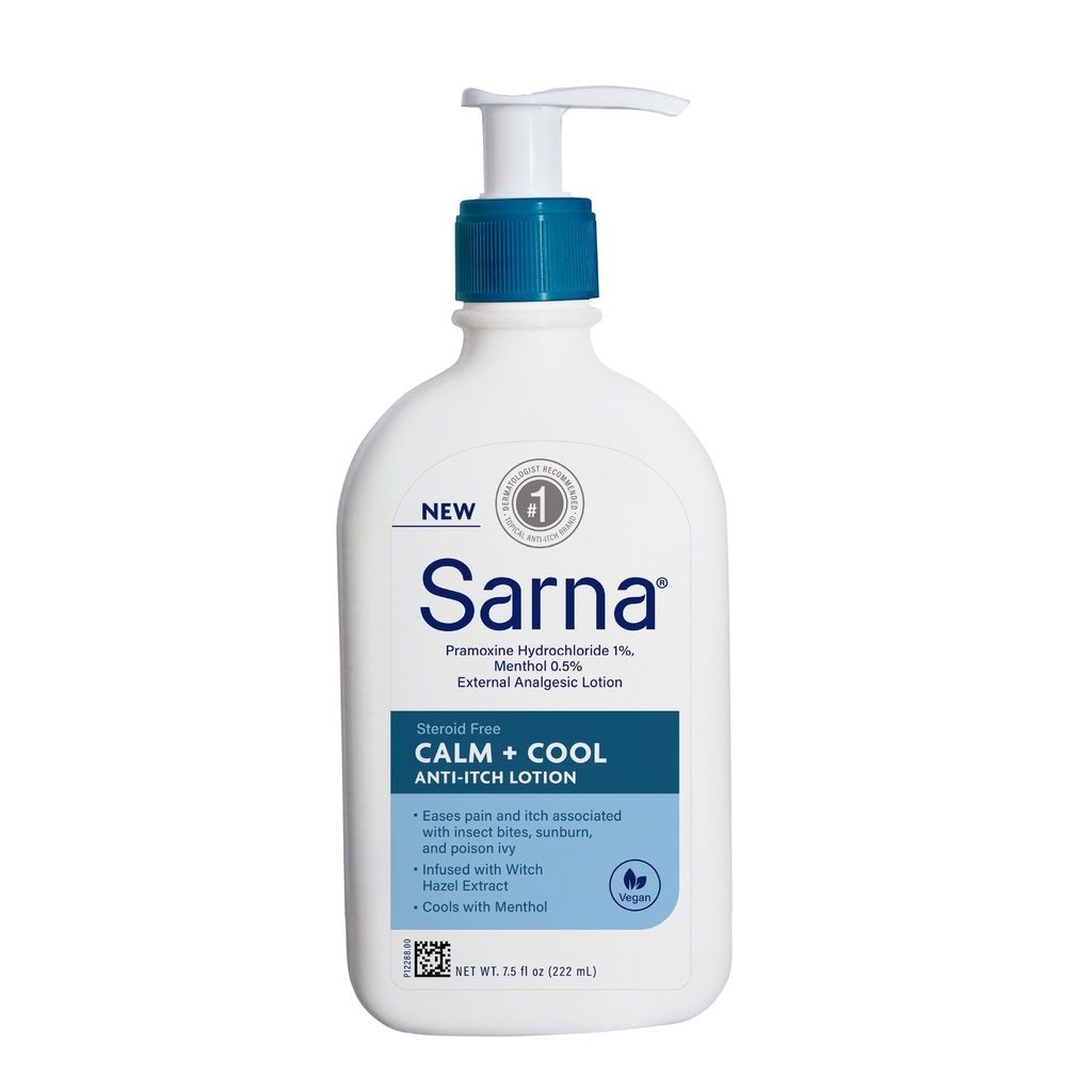 Sarna Calm + Cool Anti- Itch Lotion, Soothe dan Relieve Pain dan Itch dari Insect Bites, Sunburn, & Poison Ivy, Berisi 1% Pramoxine Hydrochloride, 0.5% Menthol, Vegan, Skoid- Free, 7.5oz