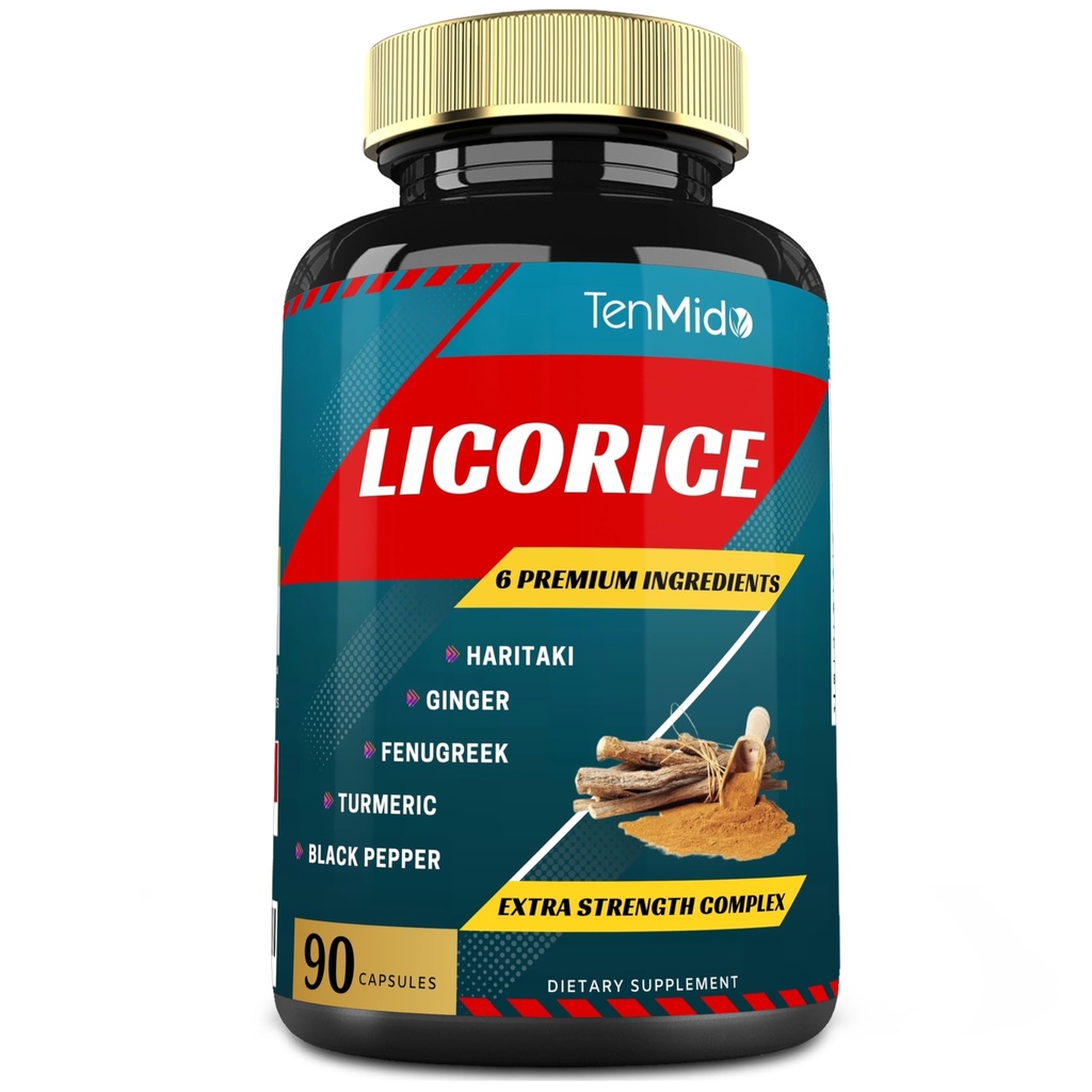 Licorice Extract Capsules dengan Turmeric, Ginger, Fenugreek, Haritaki, Black Pepper - Dukungan Disuffic Fungsi - 90 Caps, 3 Bulan Suppply