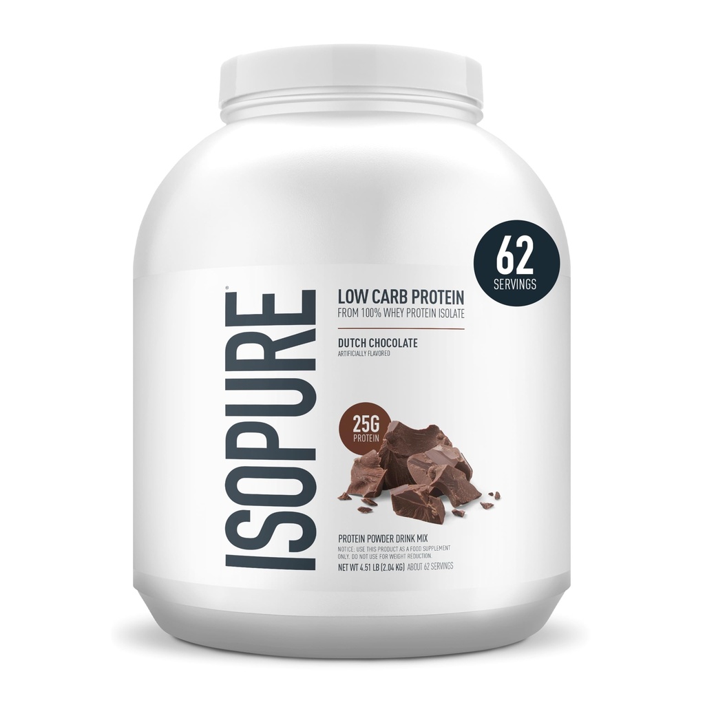 Isopure Low Carb 100% Pure Whey Isolate Protein Powder, Laktosa Free, Gluten Free, With Vitamin, Dutch Chocolate, 25g Protein Per Serving, 4.5 Lbs, 62 Servings (Packaging May Wary)